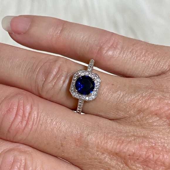 925 Sterling Silver Blue CZ Diamond Halo Ring - Picture 10 of 14